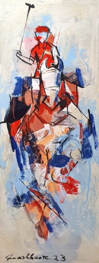 Mashkoor Raza, 12 x 36 Inch, Oil on Canvas, Polo Painting, AC-MR-654